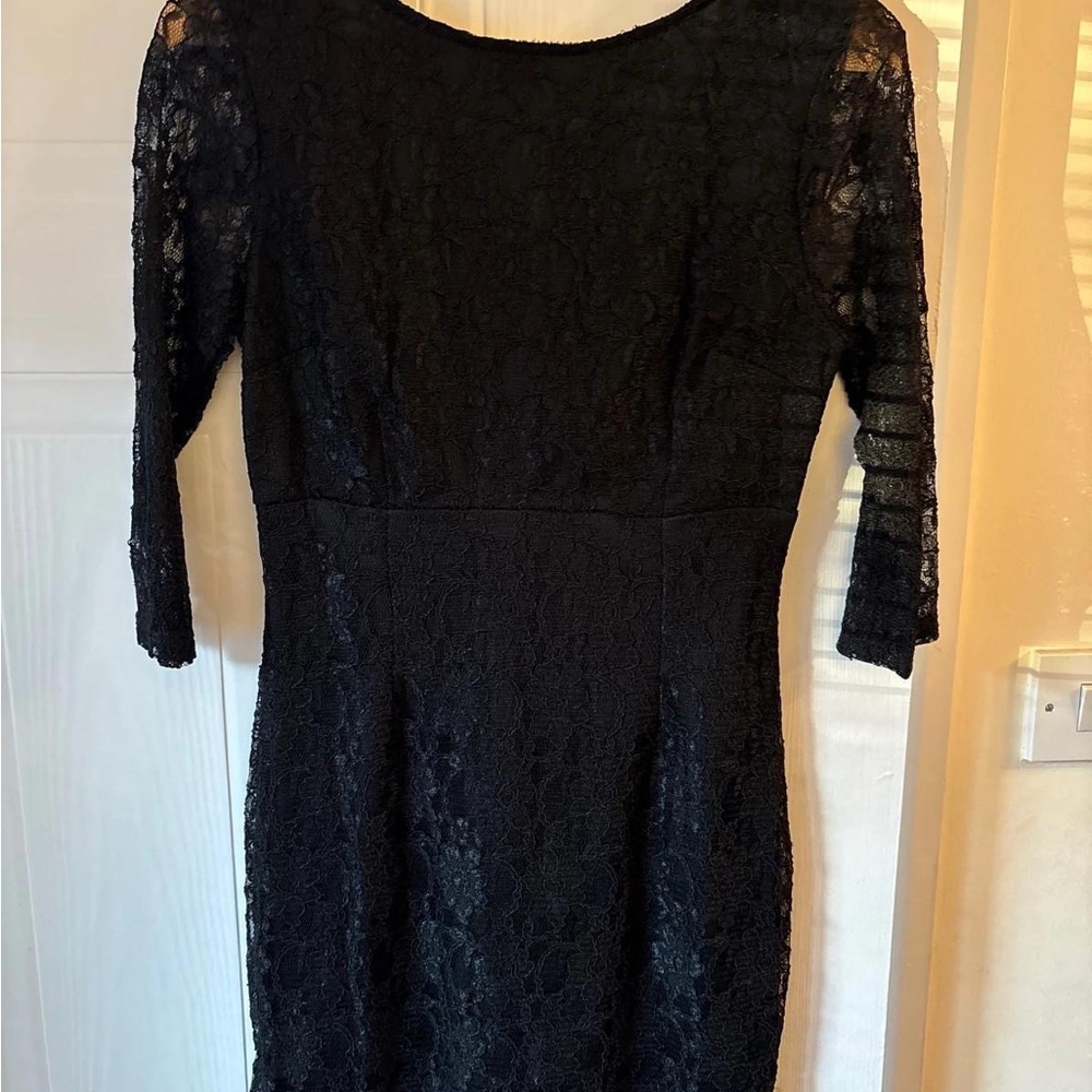 Warehouse Black and Orange Sheath Dress with Cuffed 3/4 Sleeves